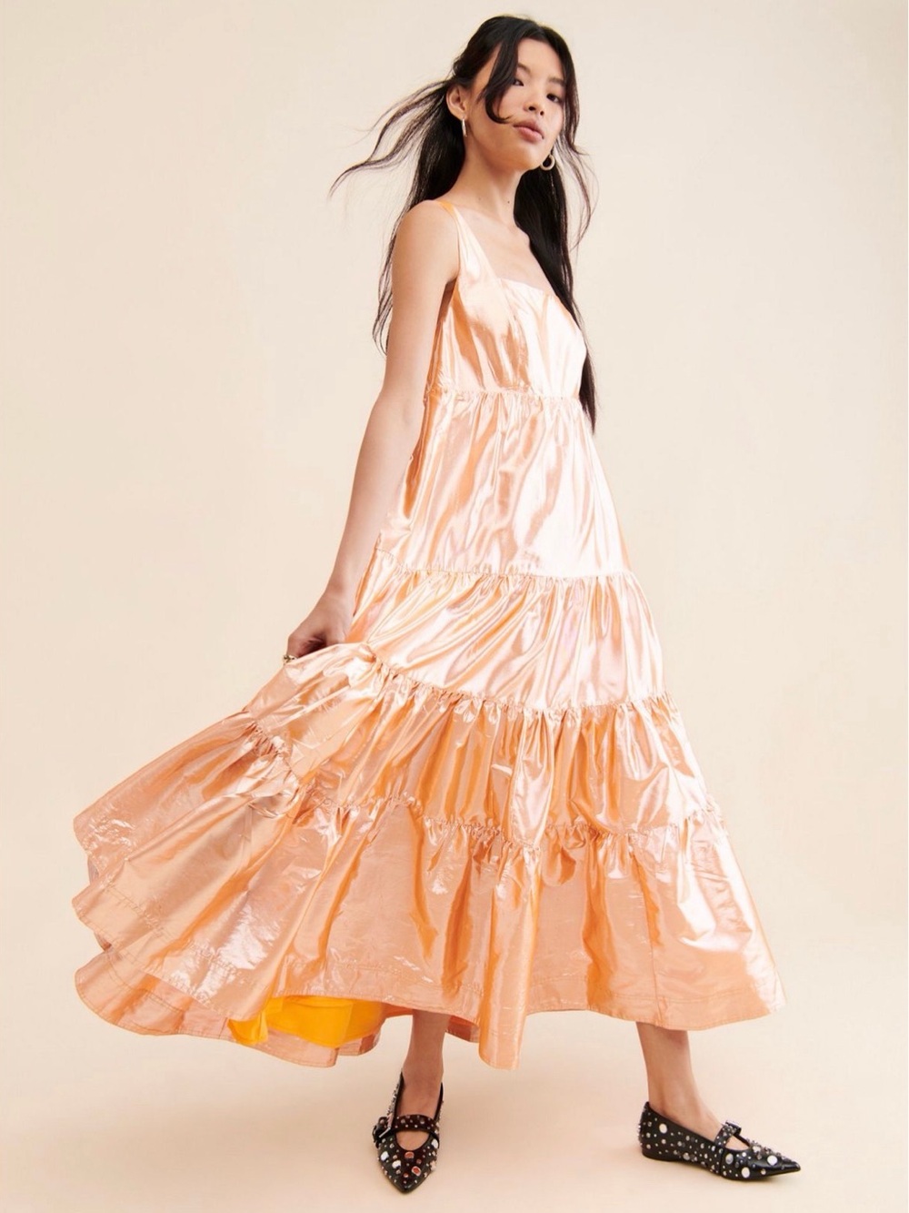 Anthropologie Let Me Be Tiered Maxi Metallic Dress, Size Small